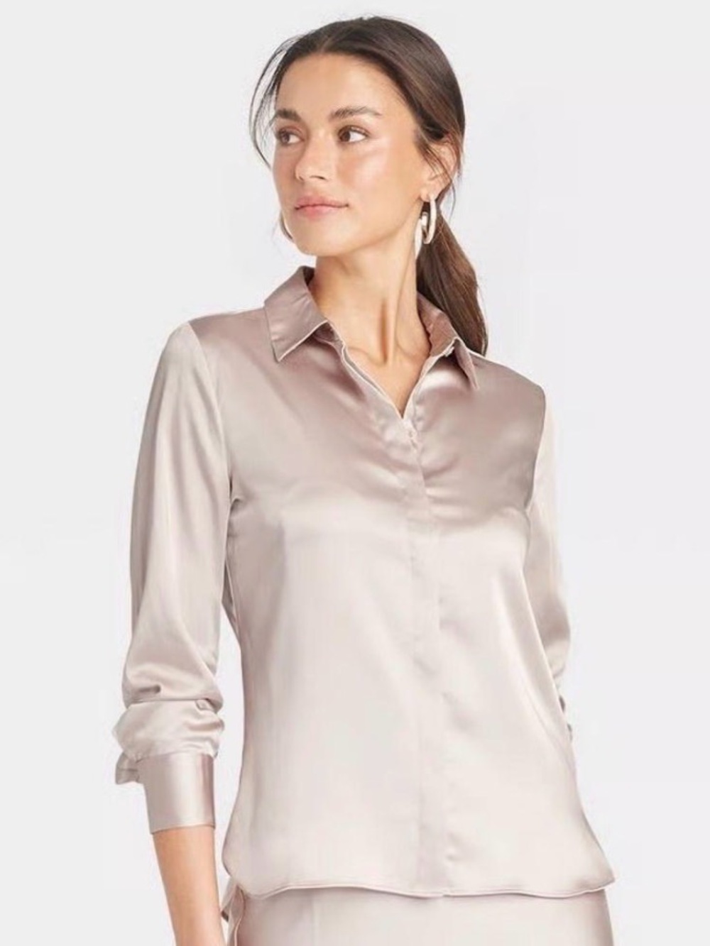 A New Day Satin Button-Up Blouse in Light Champagne